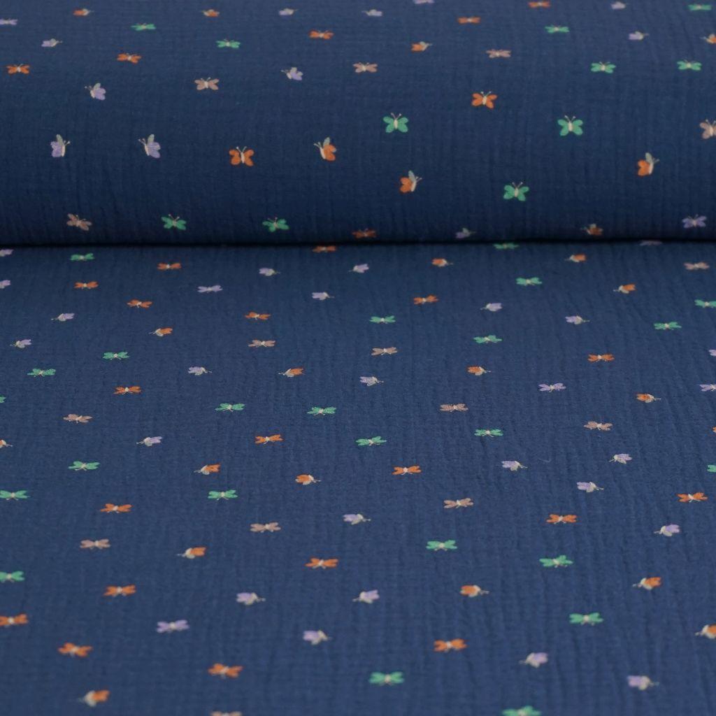Musselin Double Gauze kleine bunte Schmetterlinge auf blau